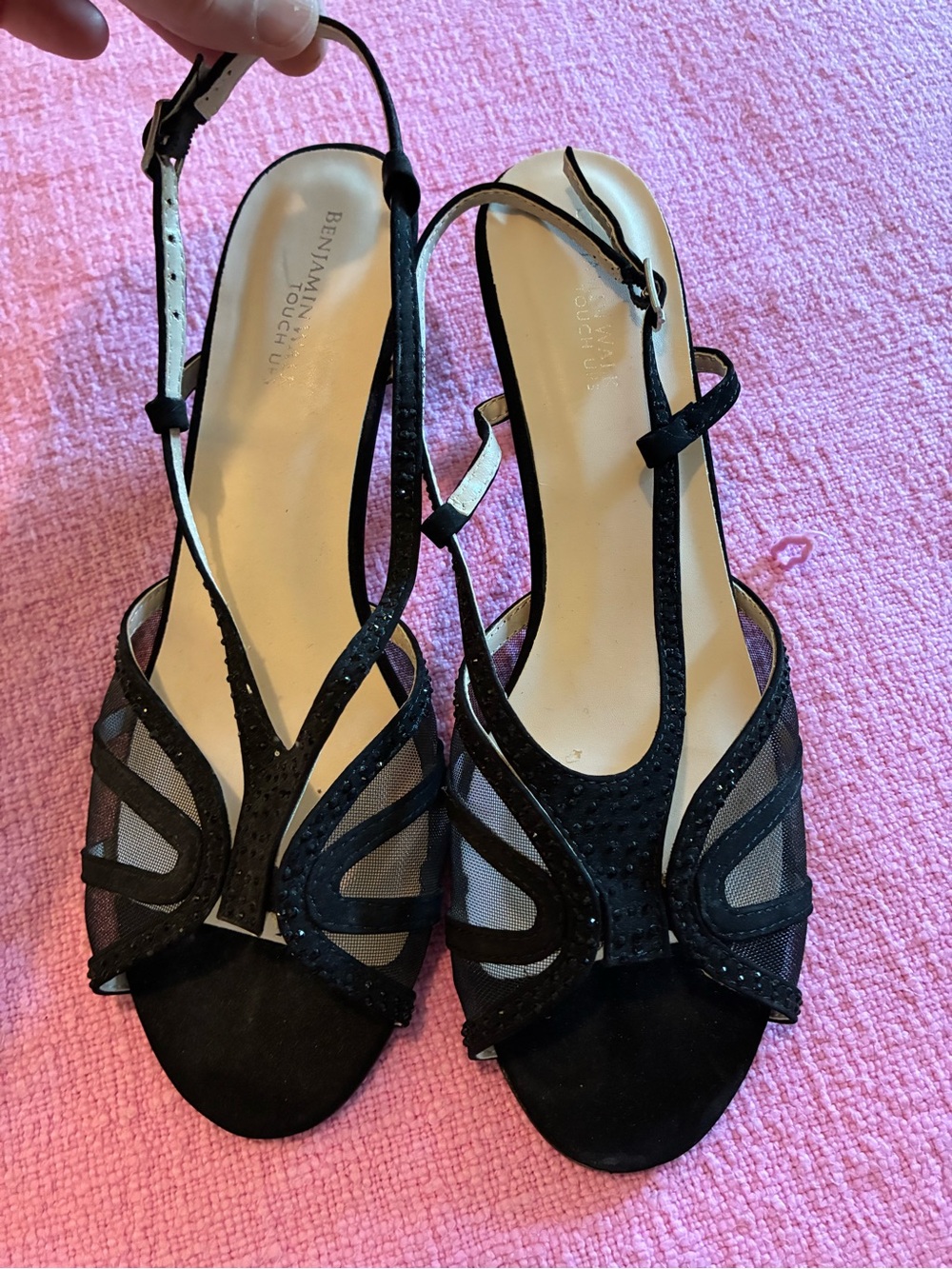 Benjamin Walk Black Mesh & Suede T-Strap Slingback Heels
